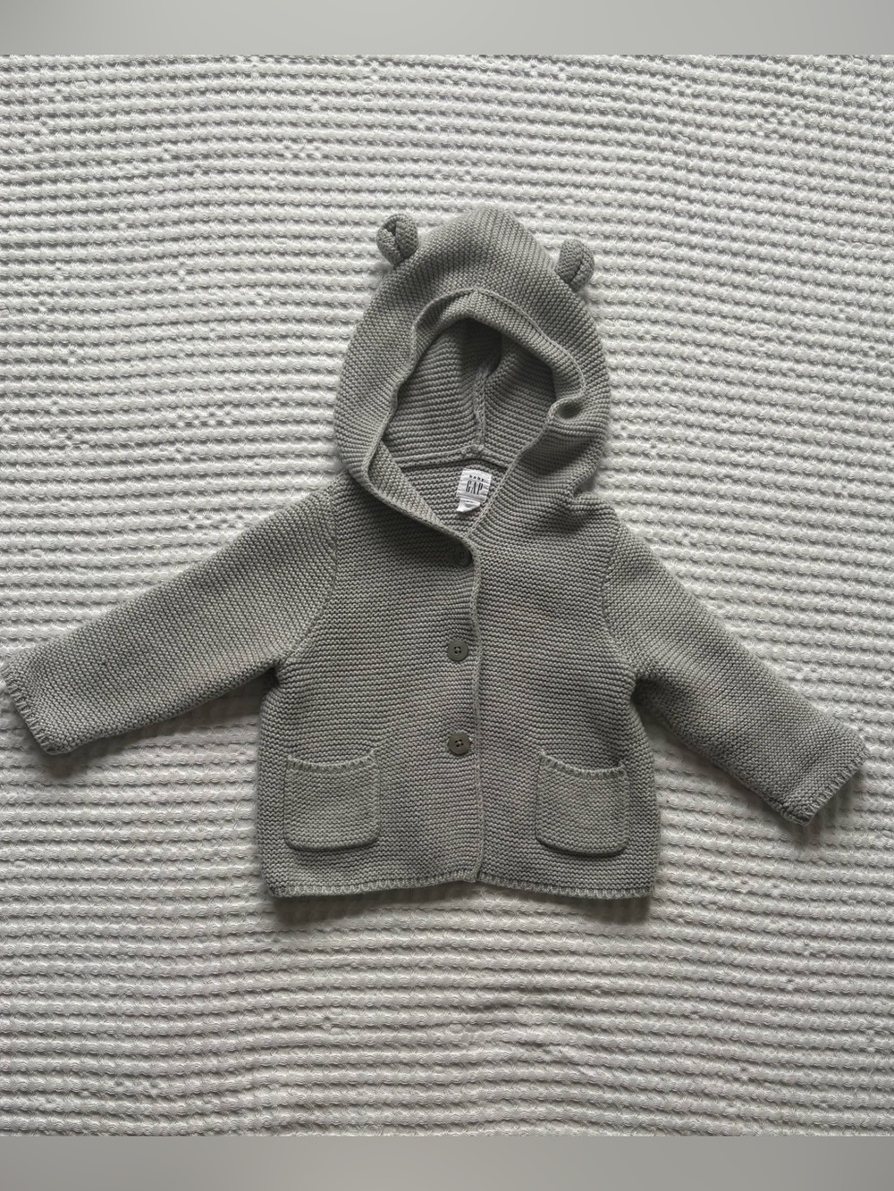 Baby Gap Brannan Bear Cardigan, Gray Cotton Hooded Button Front Sweater, 6-12M